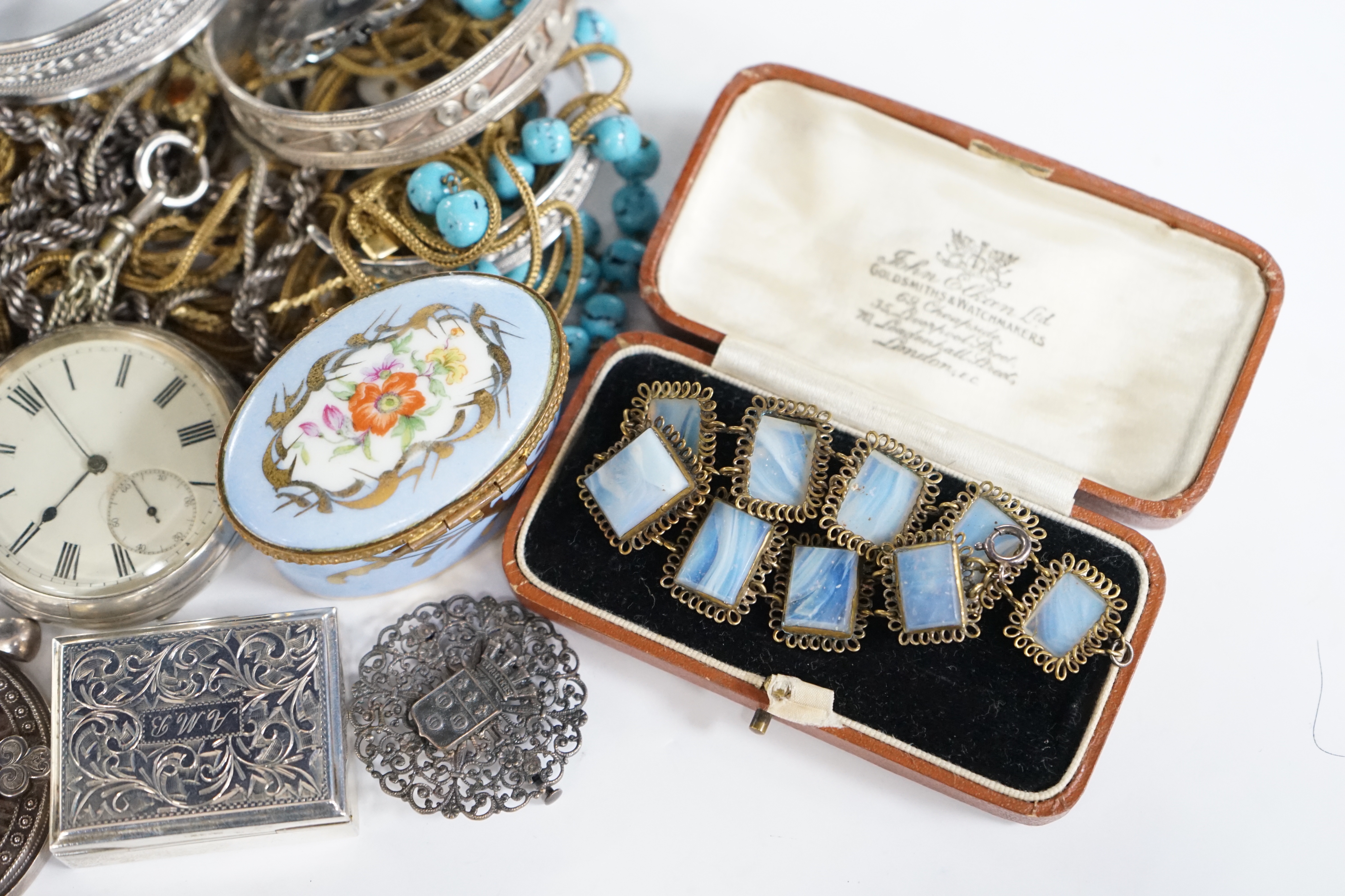 A quantity of assorted jewellery including a later Victorian silver locket and brooch, Italian 925 bracelet, chains, thimble, bangle, etc. together with a 935 white metal fob watch, a silver pocket watch and an Elgin gol